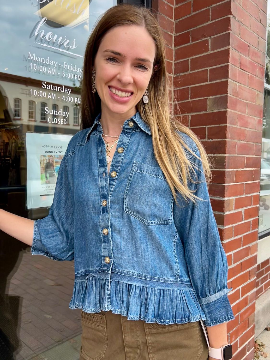 Ivy Jane 3/4 Sleeve Denim Ruffle Top in Indigo