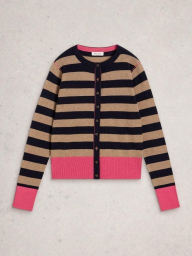 White Stuff Lois Stripe Cardi, Navy/Tan/Pink, Size: UK 6 US 2