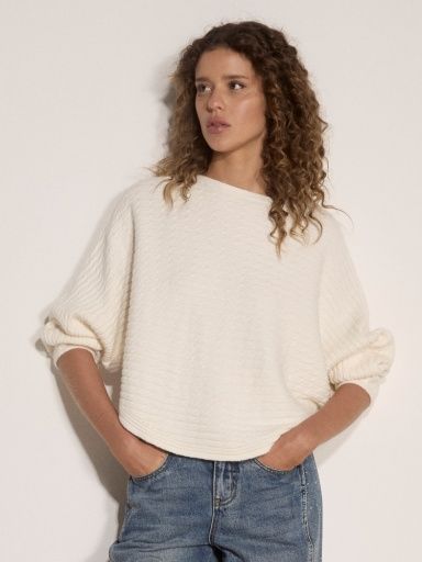Apricot Cable Stripe Batwing Sweater, Cream