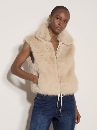 Apricot High Collar Zip Fur Vest, Size: S