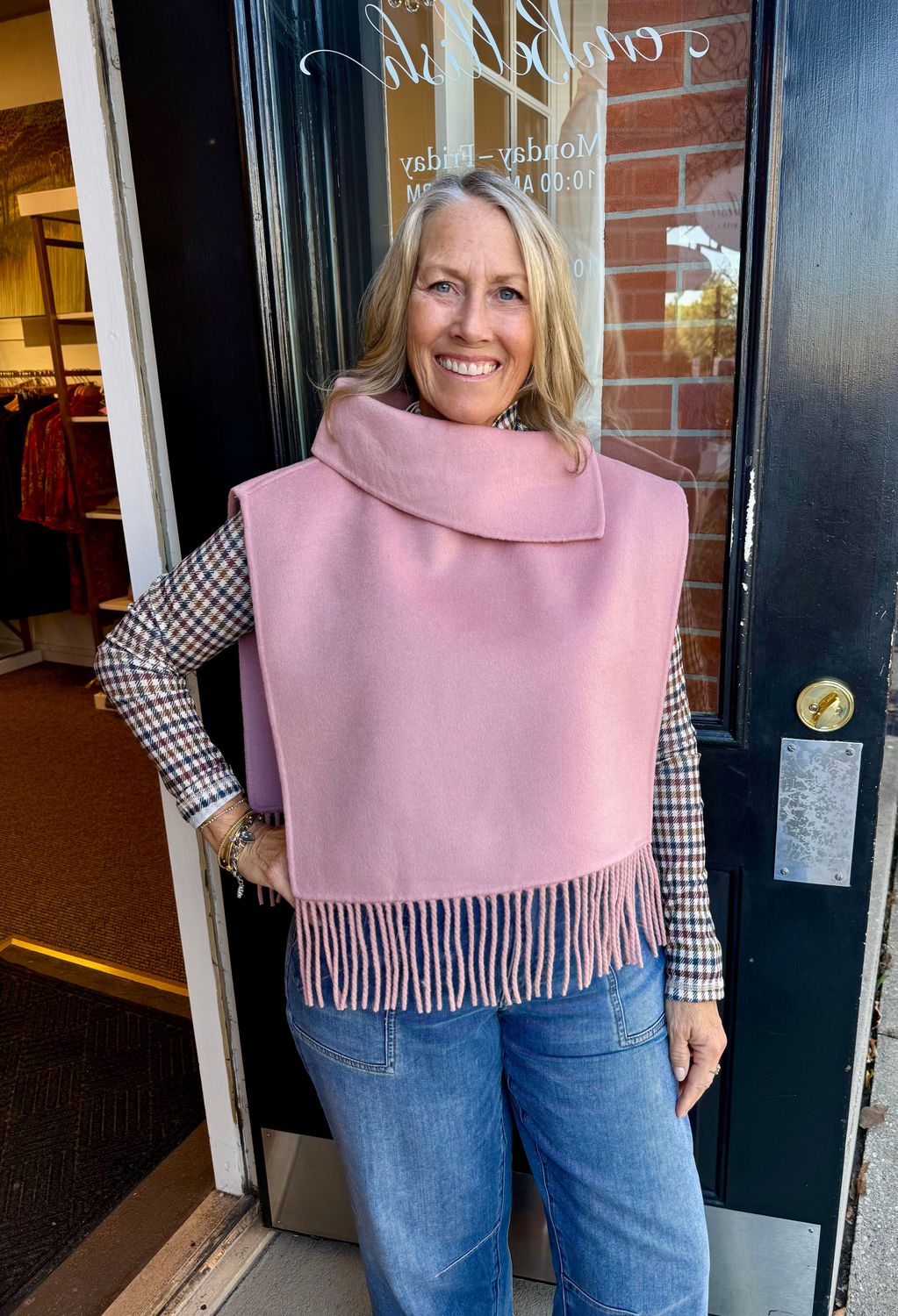 Ivy Jane Fringe Poncho With Collar, Blush