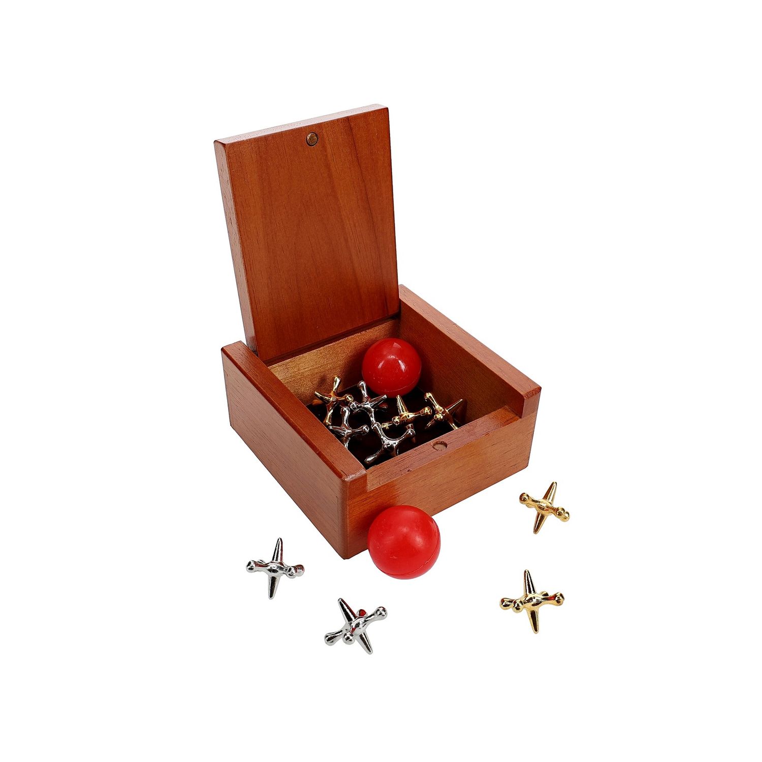 Old-Fashioned Metal Jacks in a Wooden Box