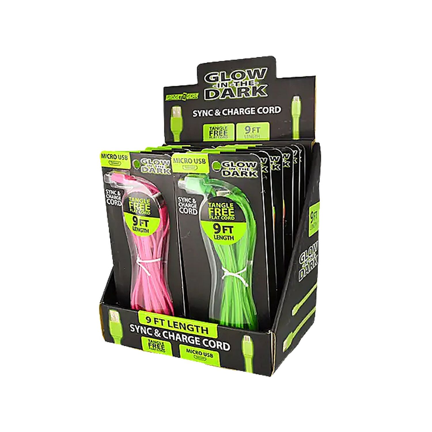 Glow in Dark 9ft Micro USB Cable Closeout Bulk Pack