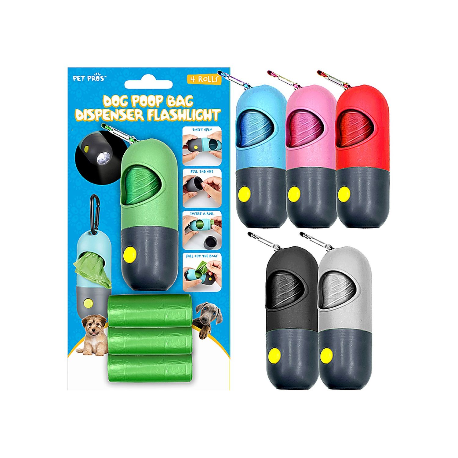 Poop Bag Dispenser with LED Light &amp; 4 Rolls