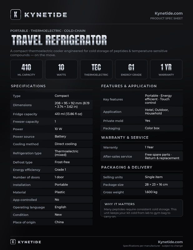 Kynetide portable travel fridge technical specifications for research peptide storage