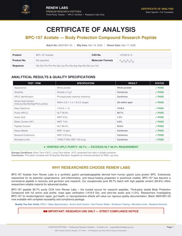 BPC-157 10mg third-party HPLC Certificate of Analysis showing 99.7% purity results