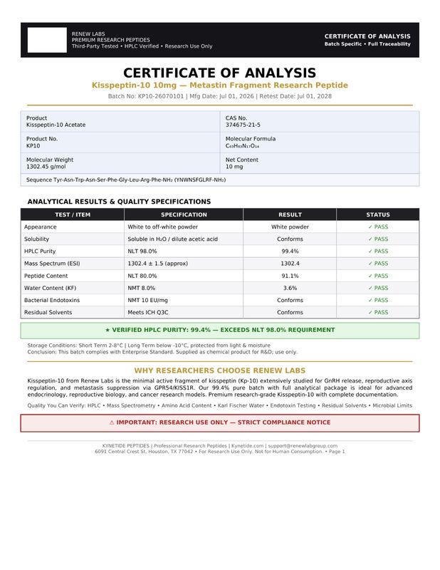 Kisspeptin-10 10mg Certificate of Analysis (COA) - third-party HPLC purity test results, Kynetide