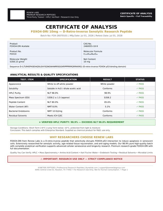 FOXO4-DRI 10mg Certificate of Analysis (COA) - third-party HPLC purity test results, Kynetide