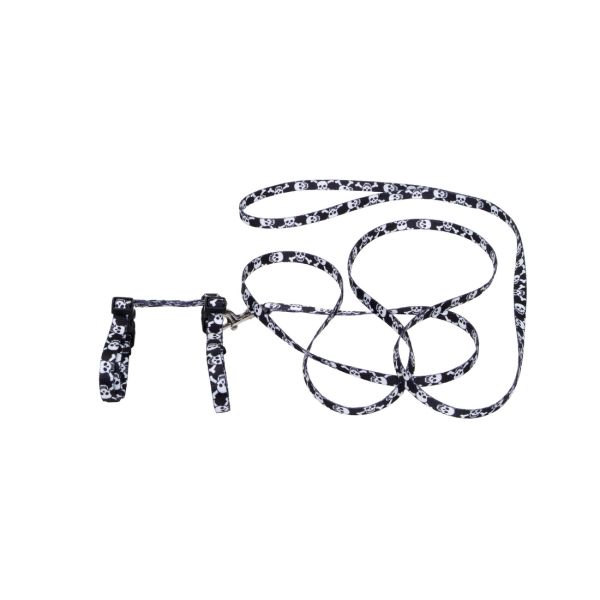 Figure H Fashion Cat Adj Harness &amp; Leash 18" Black Skulls