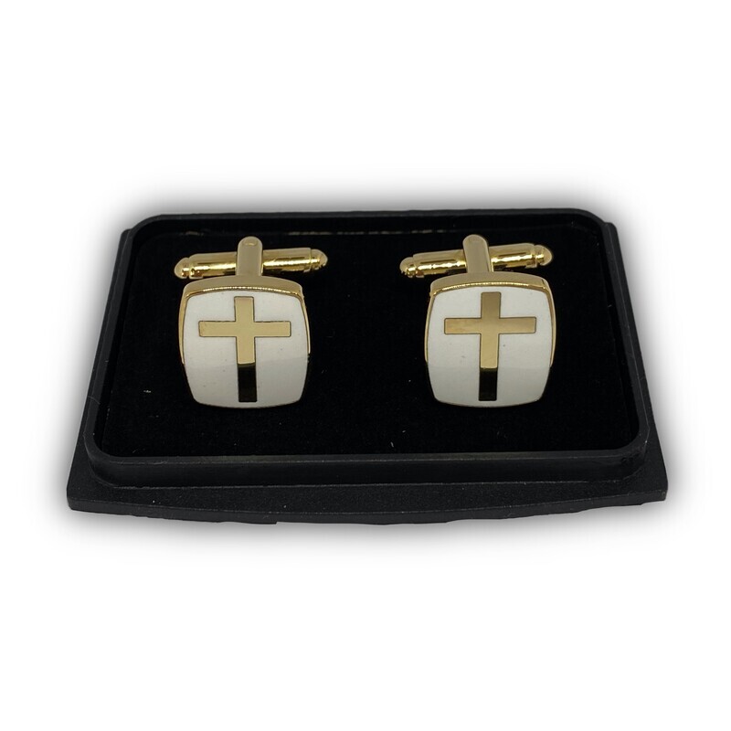 Manchetknapper med kors guld/hvid Manchetknapper med kors guld/hvid