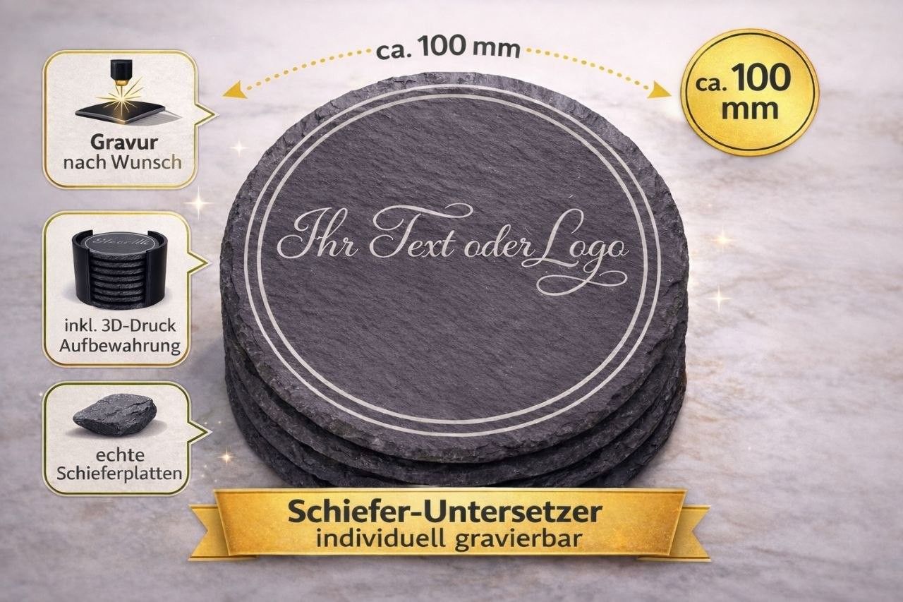 Schiefer Untersetzer Set graviert Ø102mm 6er 8er 10er 12er inkl. Aufbewahrung