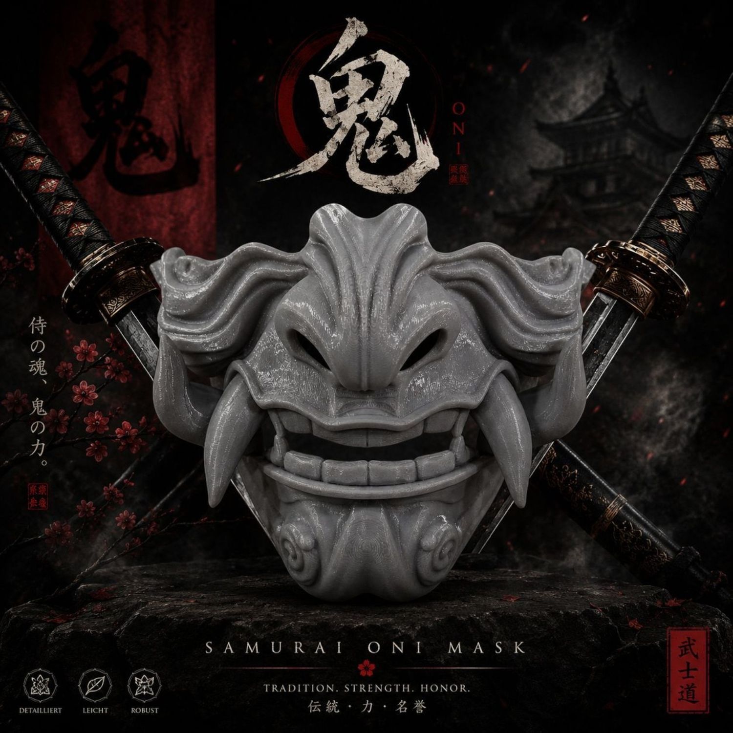 Oni Samurai Maske aus PETG – 3D Druck Cosplay Deko bemalbar Oni Samurai Maske aus PETG – 3D Druck Cosplay Deko bemalbar