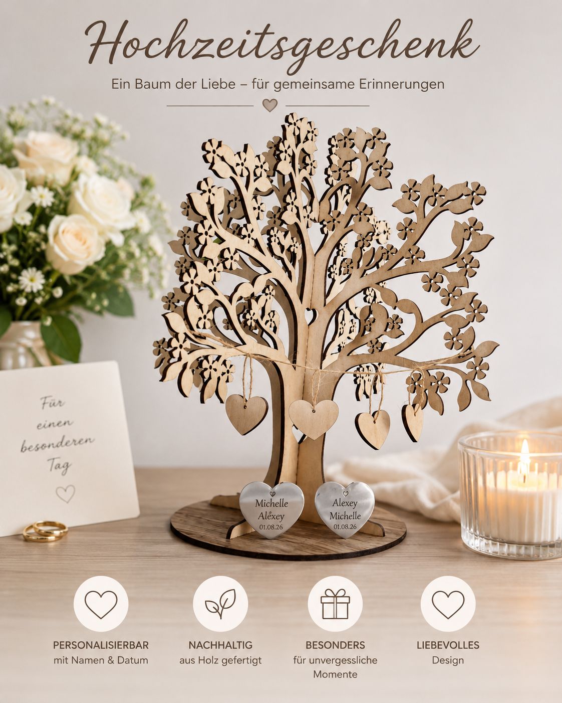 Personalisierter Personalisierter "Baum der Liebe" – Hochzeitsgeschenk mit 2 Edelstahl-Herzen