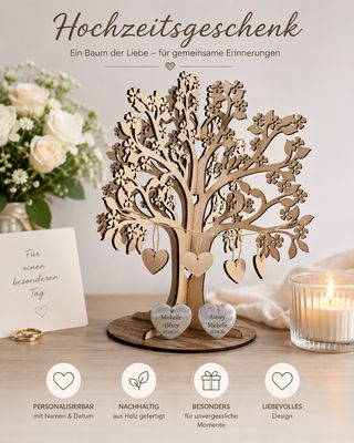 Personalisierter Personalisierter "Baum der Liebe" – Hochzeitsgeschenk mit 2 Edelstahl-Herzen