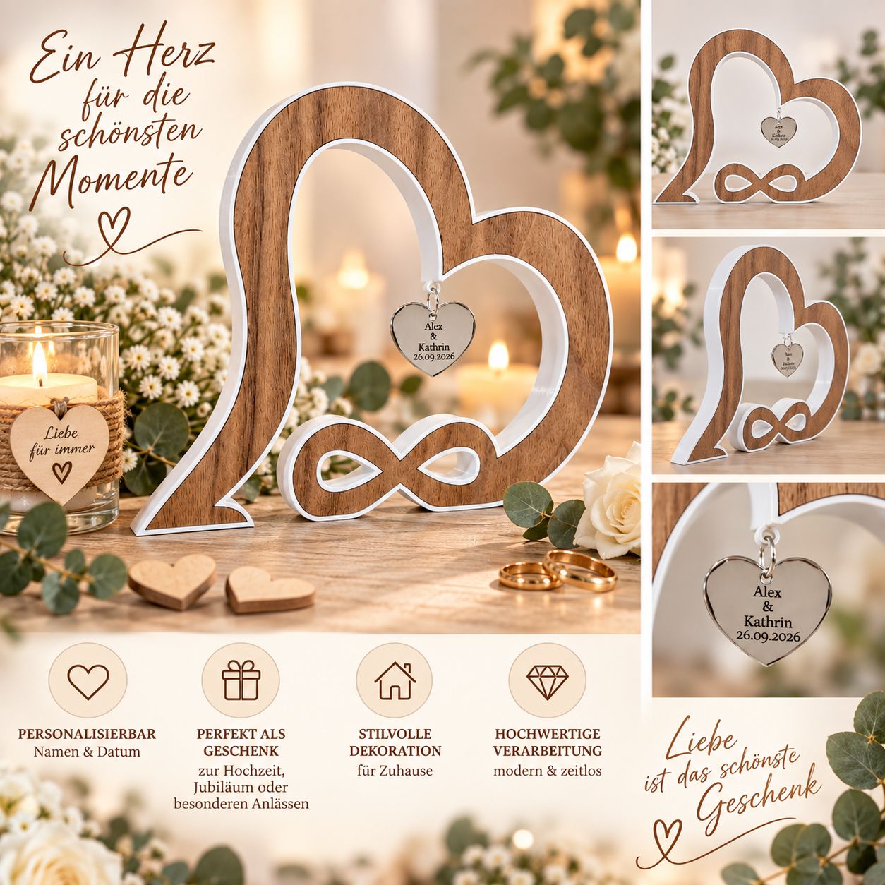 "Ewige Liebe" – personalisiertes Geschenk aus Nussbaum & 3D-Druck