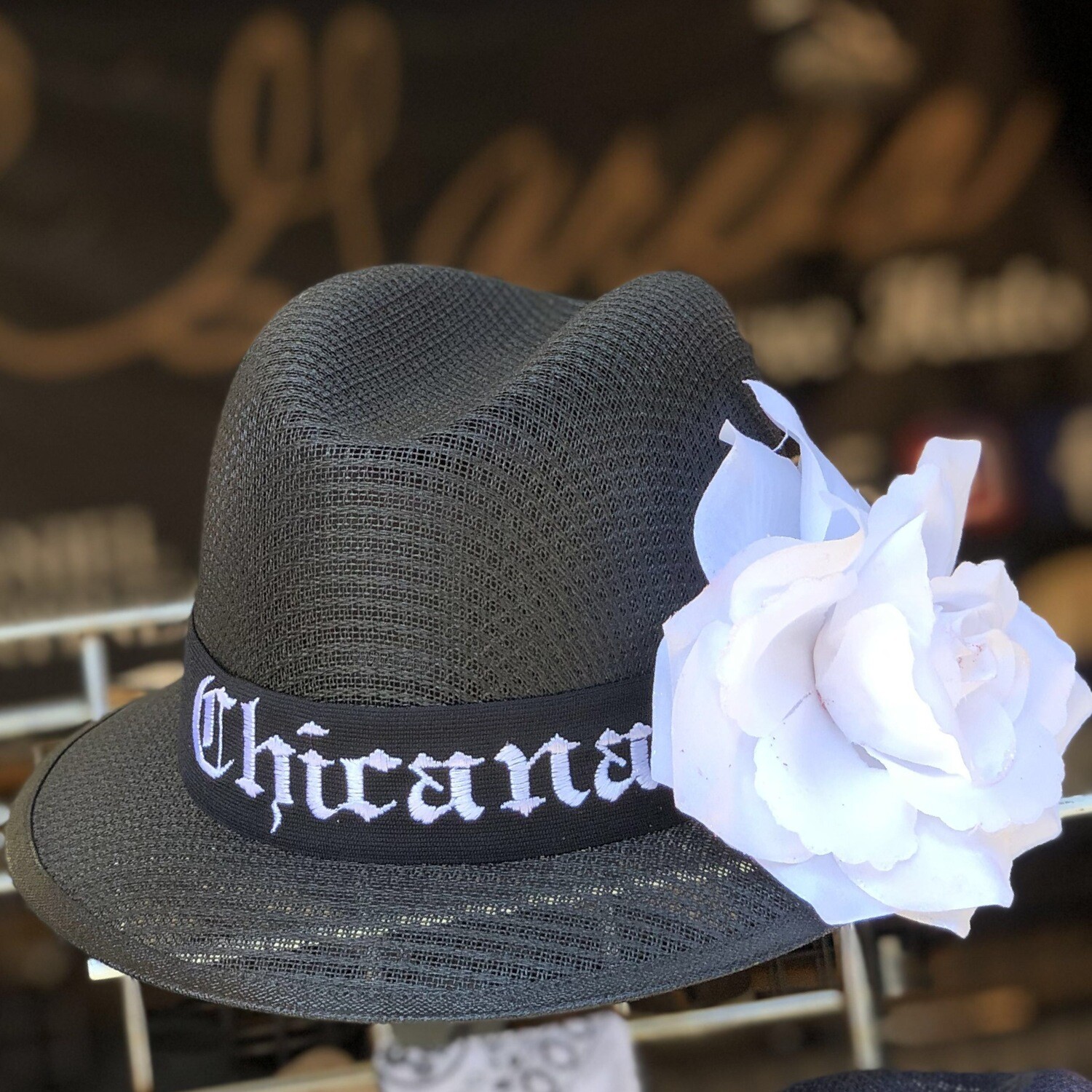 Black Derby w/ Chicana Embroidery & White Rose