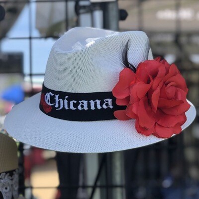 White Fedora w/ Chicana Embroidery & Red Rose