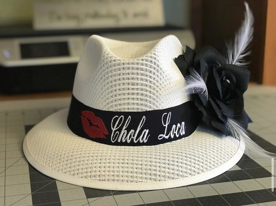 White Fedora W/ Chola Loca Embroidery & Black Rose