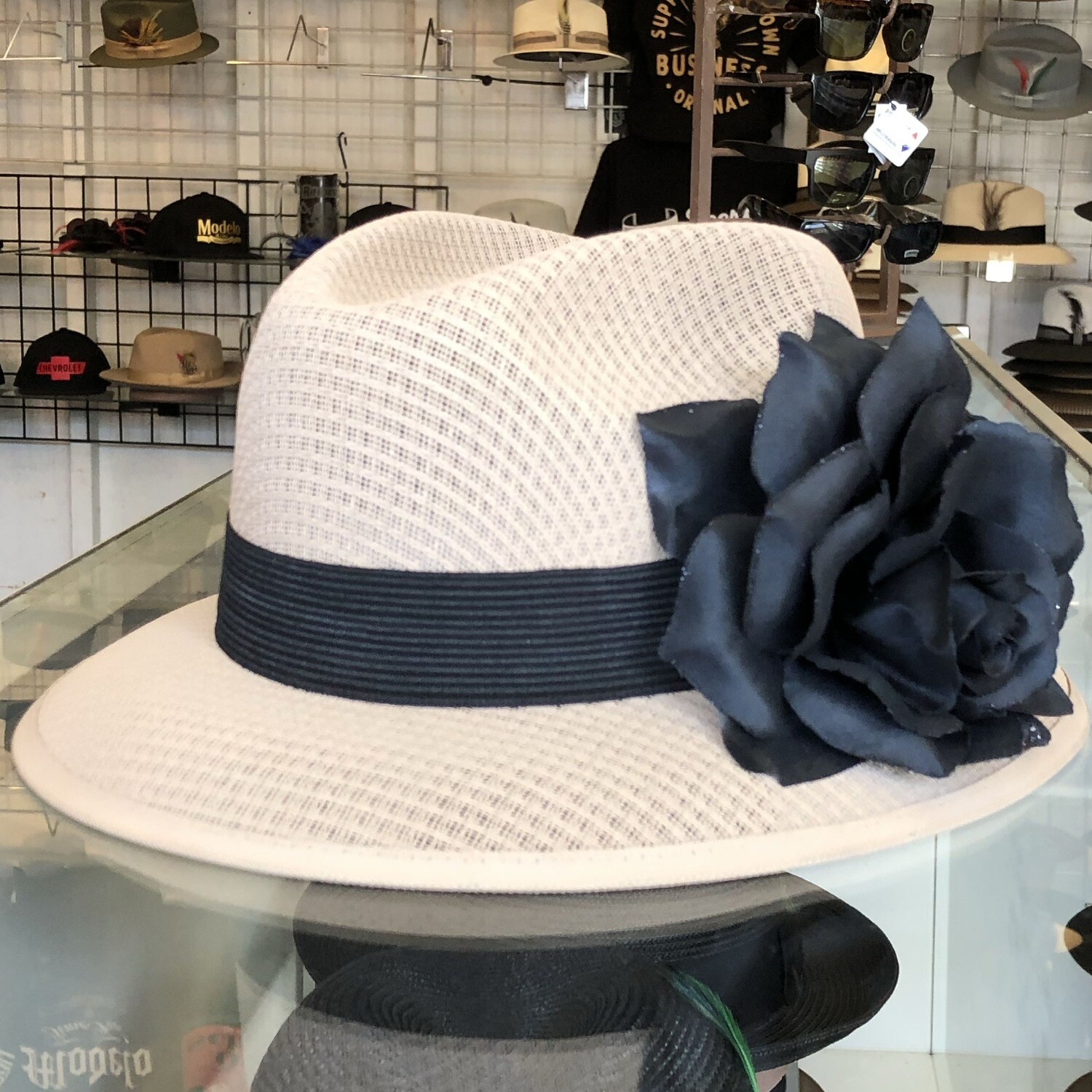 Mocha Fedora W/ Black Rose