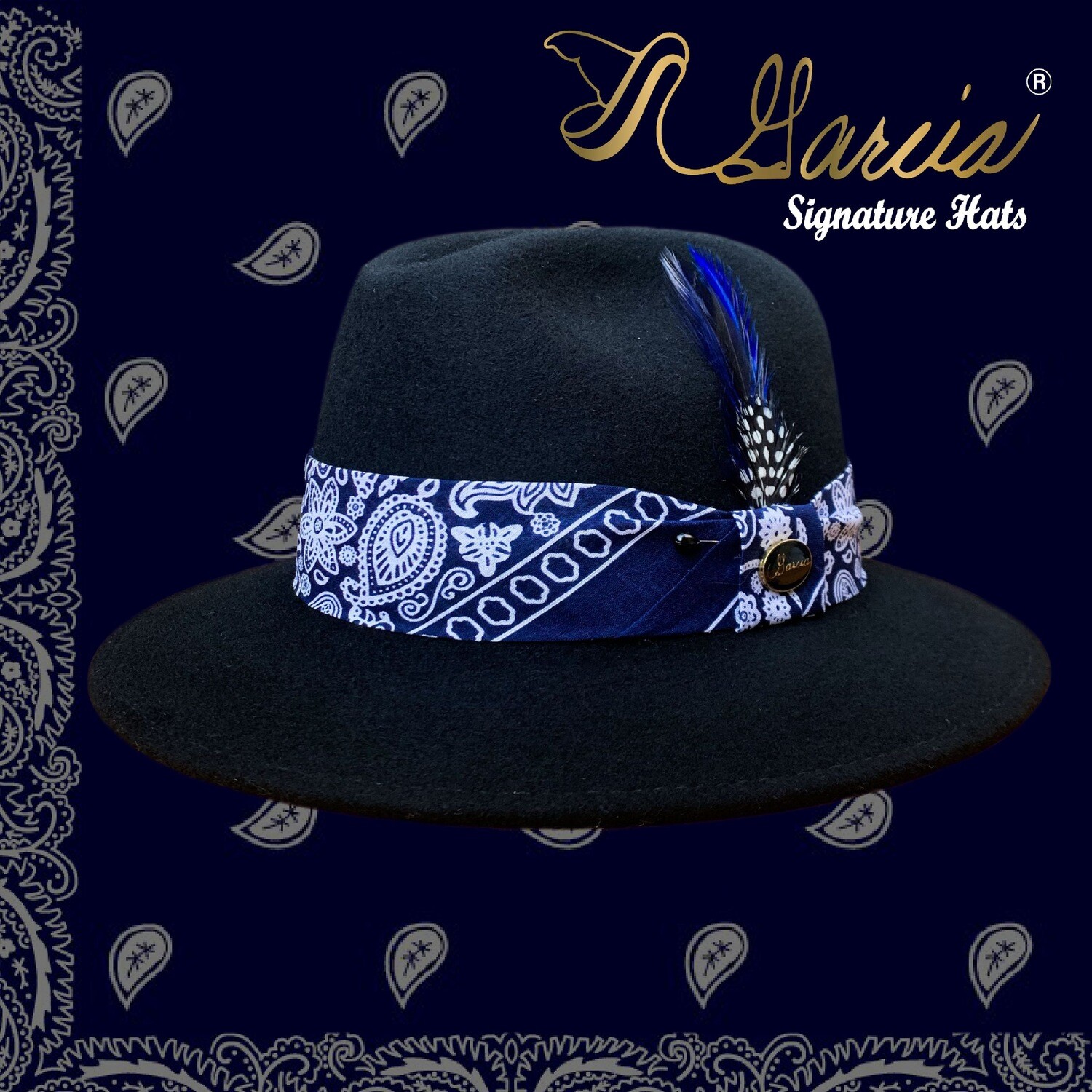 Black Jefito Wool Fedora W/ Navy Bandana