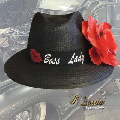 Black Fedora W/ Boss Lady Embroidery & Red Rose
