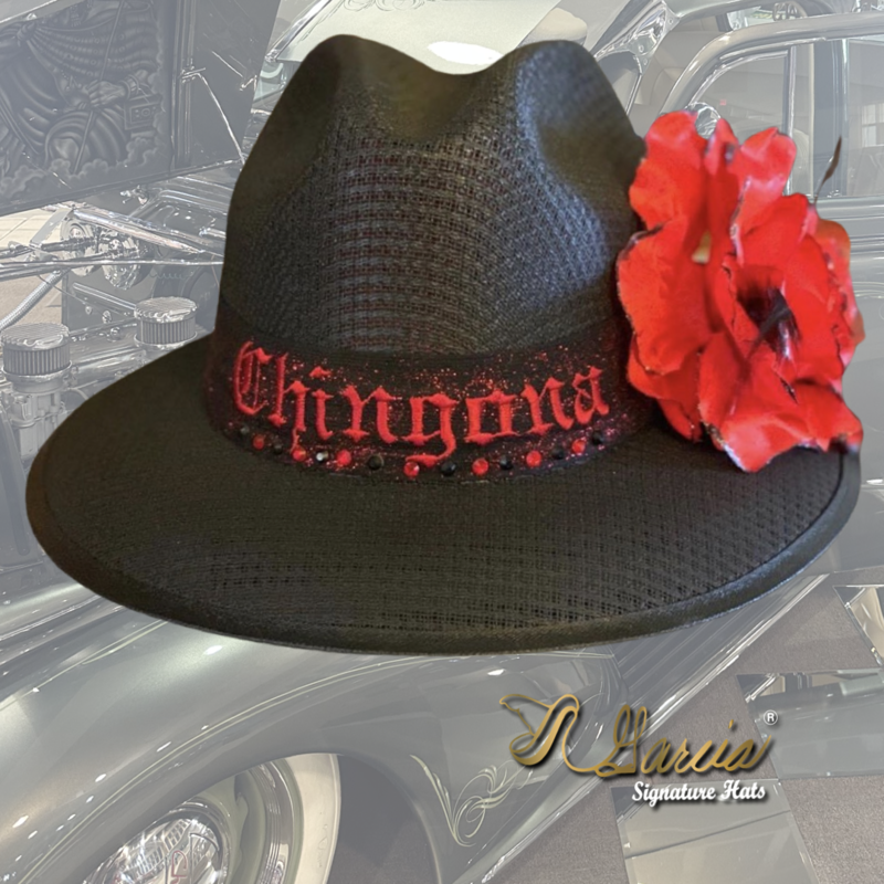 Black Fedora w/ Chingona Embroidery &amp; Red Rose