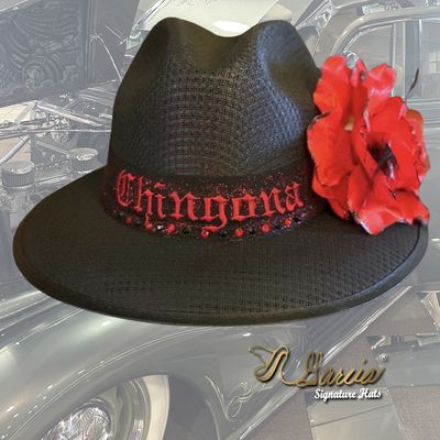 Black Fedora w/ Chingona Embroidery &amp; Red Rose