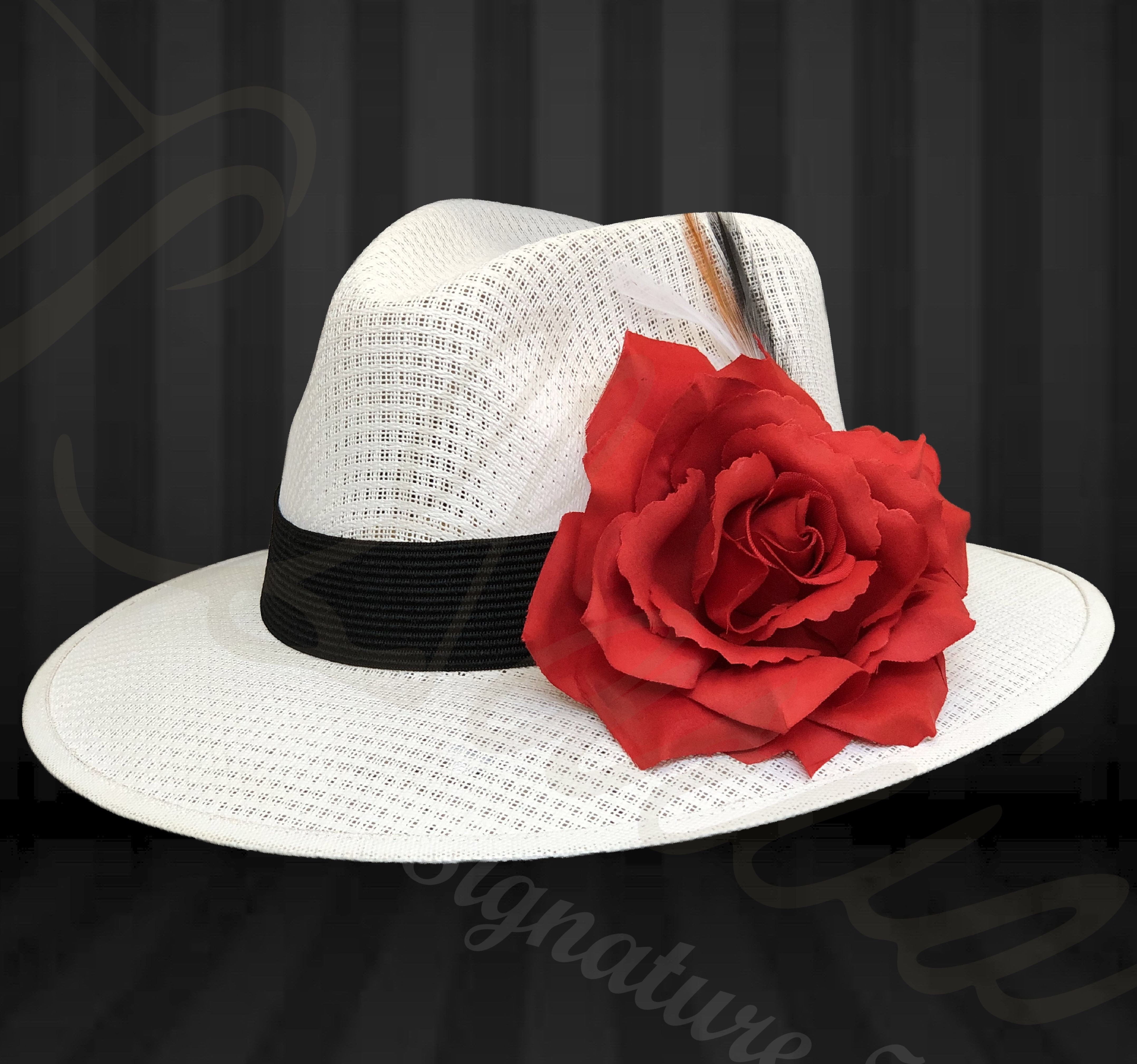 Straw Fedora Hat with Red Rose Accent and Embroidered Band Vintage 1940s Wide Brim Hat With Red Flower, Elastic Chin  main image 3