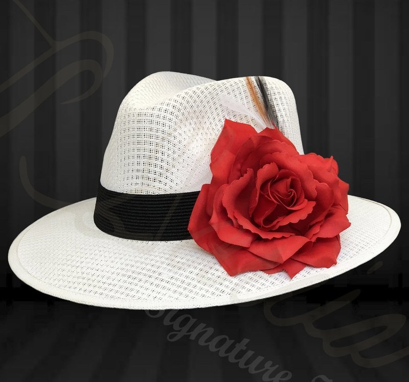 White Fedora W/ Red Rose