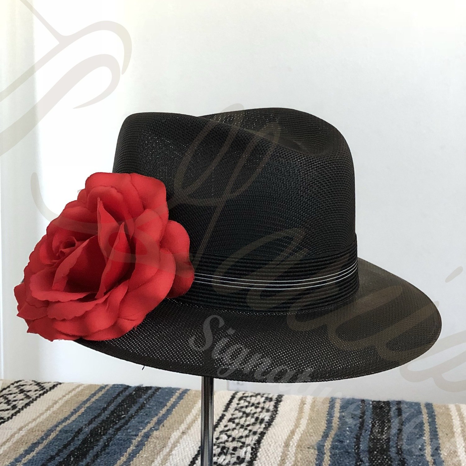 Ladies Black Fedora W/ Red Rose