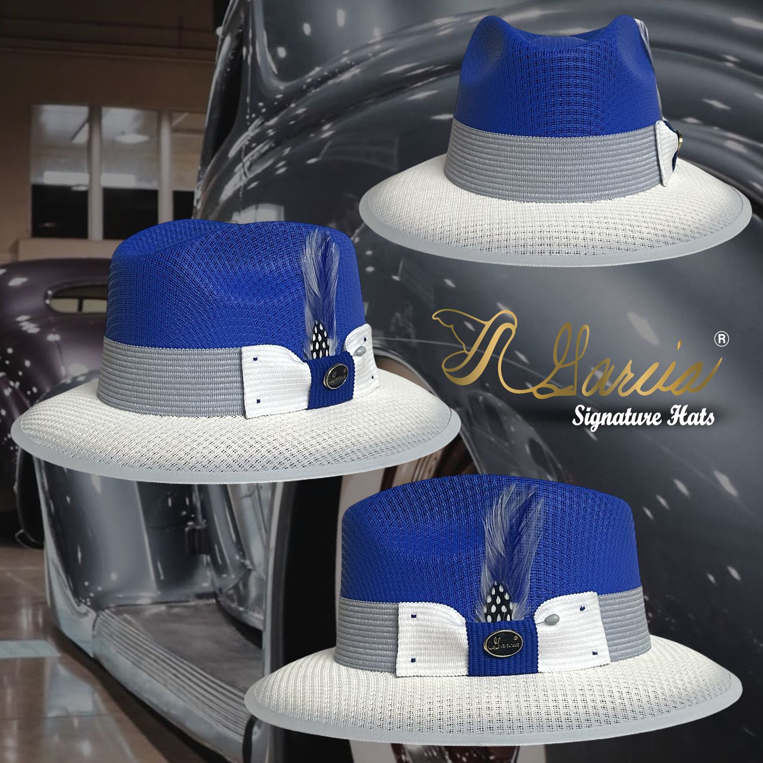 Three Tone Royal and White W/ Gray fade custom Viejo Fedora Classic Edition