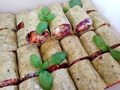 10xSNACK WRAPS. Half wholemeal wraps filled with greens, carrot, red cabbage, feta, seasonal Hummus and wholegrain mustard. Your choice Falafel or Chicken.