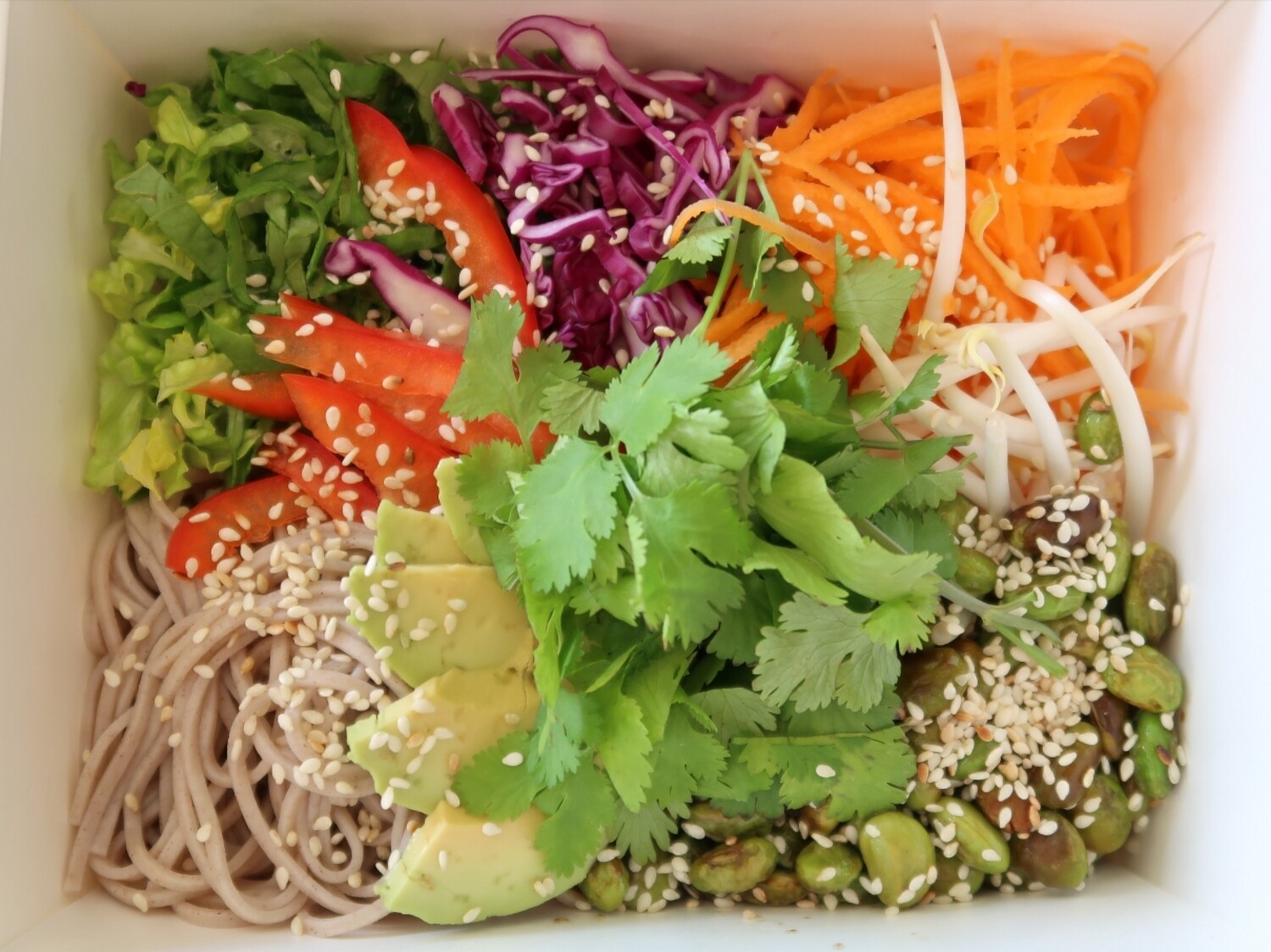 CHI BOX:red cabbage-carrot-capsicum slaw with avocado, red onion, spiced roasted edamame beans, cos lettuce, toasted sesame and coriander.Your choice extras and vinnaigrette.DF,GF