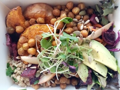 'TAKAKA BOX ' roasted pumpkin&beetroot, apple-celery-carrot-red cabbage salad, honey&curry roasted chickpeas,toasted seeds, avocado. Your choice extras & vinaigrette GF/DF