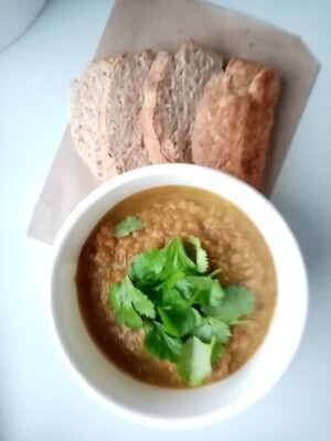 SOUP. Tomato and lentil and pesto soup with wholemeal spelt mini loaf.