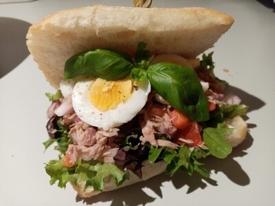 FRENCH SAMMY Ciabatta pocket filled with mayonnaise,organic greens, tuna salsa (tuna, red onion, capsicum,tomato, olive, parsley, red wine vinegar, garlic, olive oil, lemon) and slices of boiled egg.
