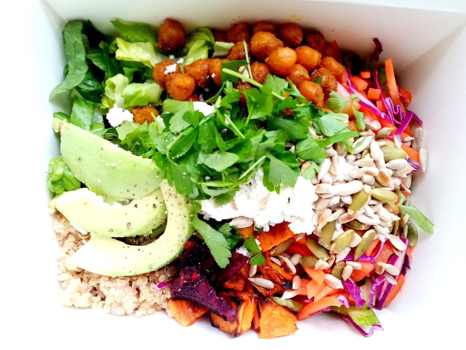 'TAKAKA BOX ' apple, grated carrot, celery, red cabbage, honey-curry roasted chickpeas, toasted seeds, avocado, salad greens, fresh herbs. Your choice extras & vinaigrette GF/DF