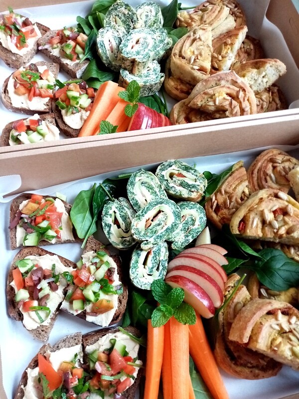 VEGETARIAN DELIGHT PLATTER for five people. With savoury scrolls, sourdough bruschetta, oven omelette rolls.