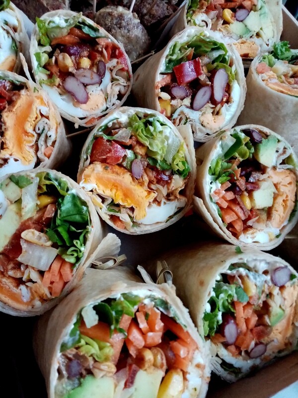 10x Burrito snack wraps with avocado, fried egg, spiced black bean salsa, edam cheese, sour cream, salad greens, coriander