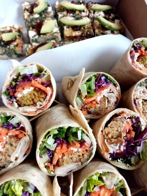 10x HALF WRAPS. Half wholemeal wraps filled with greens, carrot, red cabbage, feta, seasonal Hummus and wholegrain mustard. Your choice Falafel or Chicken.
