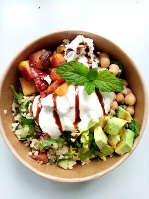 TABOULEH BOWL. Spiced and roasted vegetables with bulgur wheat tabouleh, chickpeas, cucumber, tomato, avocado, feta, grenadine drizzle and salad greens. Your choice extras and vinnaigrette.