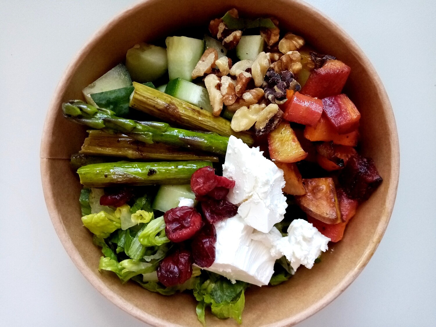 LEAN SALAD with roasted vegetables, sautéed asparagus, greens, feta, cranberries, raw walnuts, cucumber. Your choice extras and vinnaigrette.. (YOU CAN TURN THIS INTO A WRAP TOO)