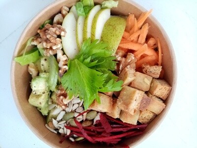 RAINBOWL PEAR. cut lettuce, grated carrot, beetroot, celery, pear, avocado, spelt bread croutons, walnuts, toasted seeds. Your choice vinaigrette, cheese and extras. DF