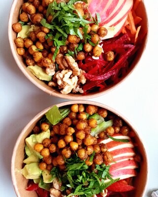 MINT BOWL curry roasted chickpeas, roasted carrot, pumpkin and potato, grated beetroot, herbed brown rice, baby spinach, feta, apple, toasted seeds GF