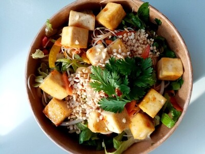 RICENOODLE salad with cos lettuce, red capsicum, mung beans sprouts, carrots, coriander, spring onions, soy sauce, peanut oil, toasted peanuts, baked sweet chillie tofu. GF,DF