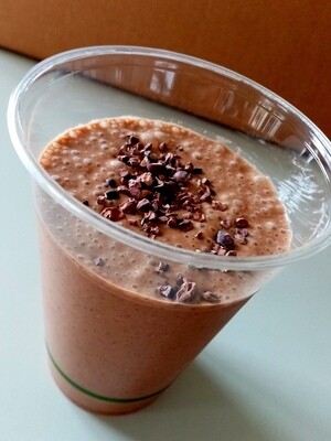 CACAO HEMP SMOOTHIE. Raw cacao, hemp protein, almond butter, ground linseed, maple, banana, almond milk and cacao nibs smoothie. 400ml. GF, DF, Vegan. About 10g protein per 400ml
