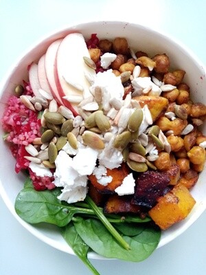 MINT BOWL curry roasted chickpeas and root vegetables, grated beetroot, bulghur wheat, baby spinach, apple, toasted seeds. Optional feta. Your choice vinaigrette and extras GF, DF