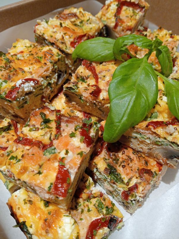 24x Hot smoked salmon, mushroom, spinach and feta frittata bites. Small or large...