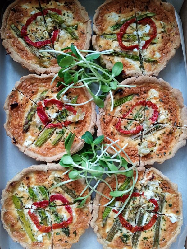 6 QUICHES. quiche bites with homemade buckwheat butter pastry, seasonal vegetables (ask me) and feta. Optional salmon or bacon. GF. Makes 24 minis.
