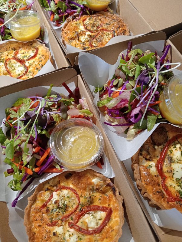 BUCKWHEAT QUICHE. Vegetarian quiche with a gluten free buckwheat crust and a raw side salad and apple vinaigrette.